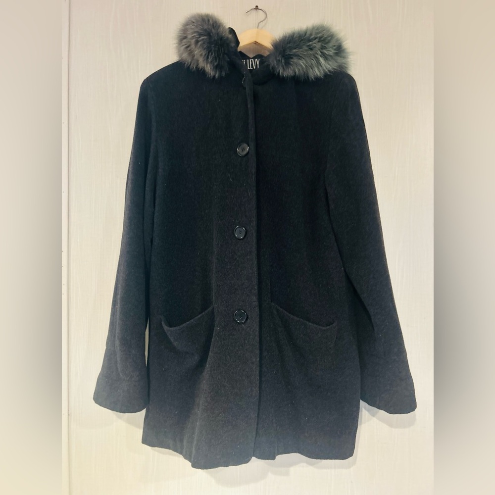 Vintage Paul Levy Elegant Women's Black Pea Coat with Faux Fur Collar